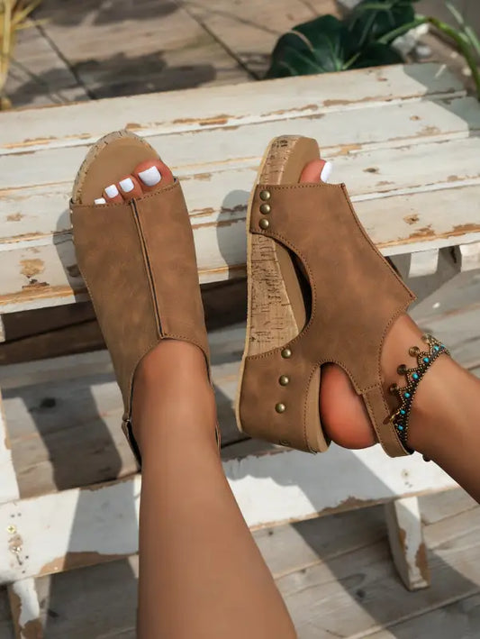 Brown vintage leather stitching studded wedge sandals