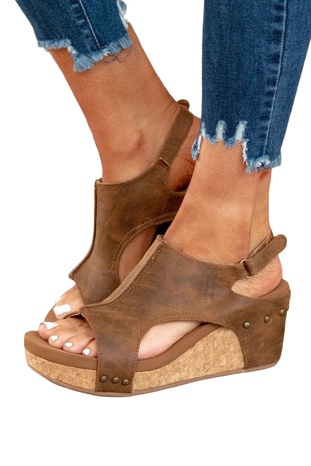 Brown vintage leather stitching studded wedge sandals