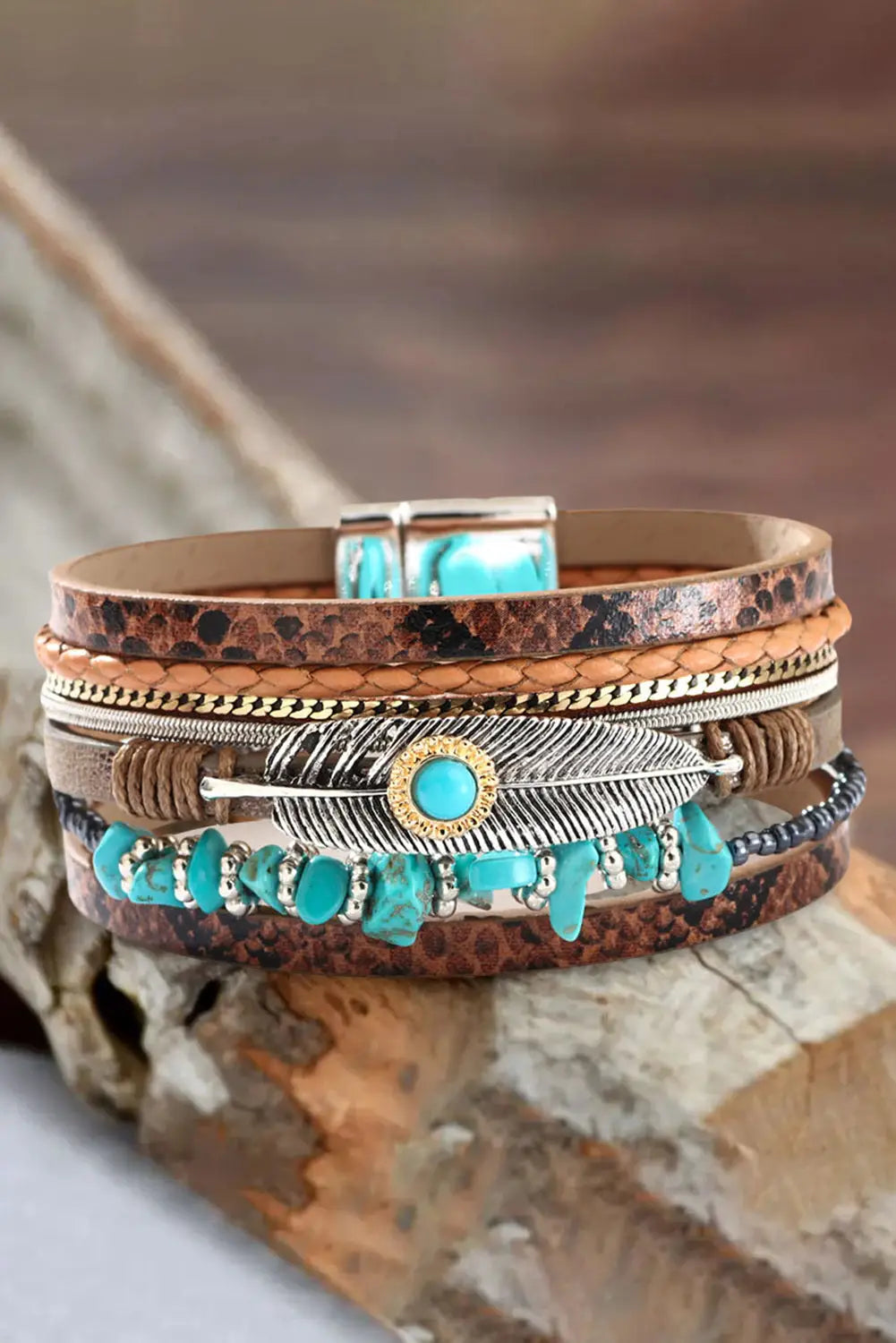 Brown vintage turquoise multi-layer leather bracelet - one