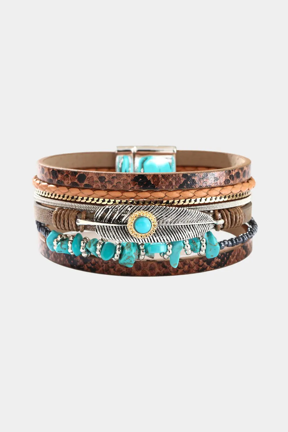 Brown vintage turquoise multi-layer leather bracelet - one size / 95% pu + 5% alloy - accessories