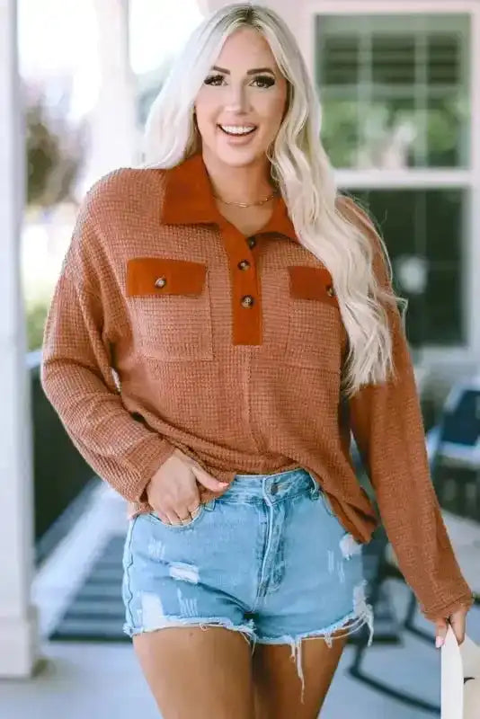 Brown Waffle Knit Button Contrast Trim Long Sleeve Top - Fashionfitz