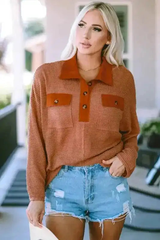 Brown Waffle Knit Button Contrast Trim Long Sleeve Top - Fashionfitz