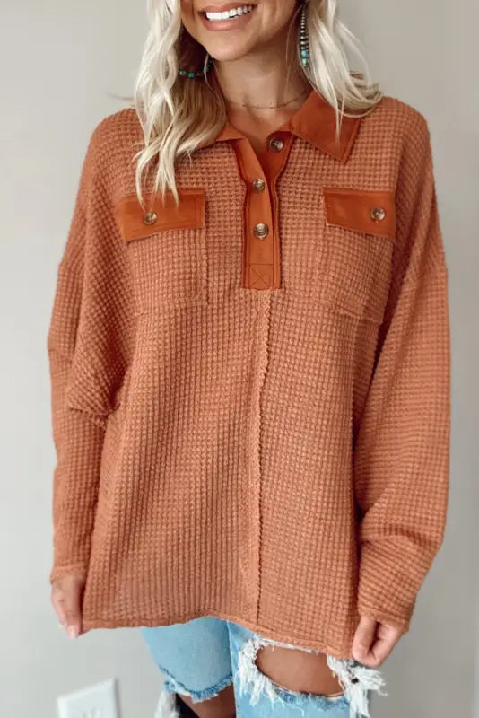 Brown waffle knit button contrast trim long sleeve top - tops