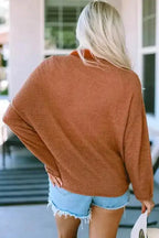 Brown Waffle Knit Button Contrast Trim Long Sleeve Top - Fashionfitz