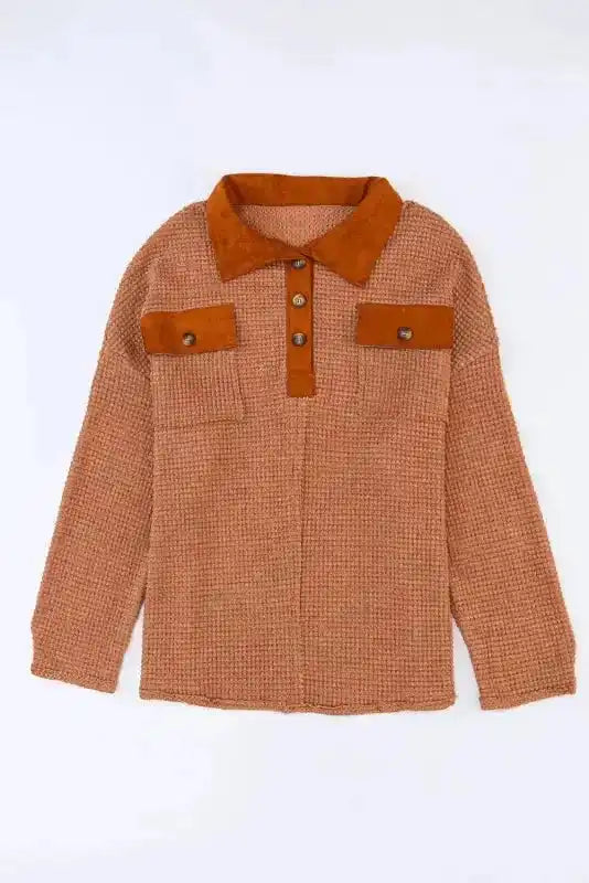 Brown Waffle Knit Button Contrast Trim Long Sleeve Top - Fashionfitz