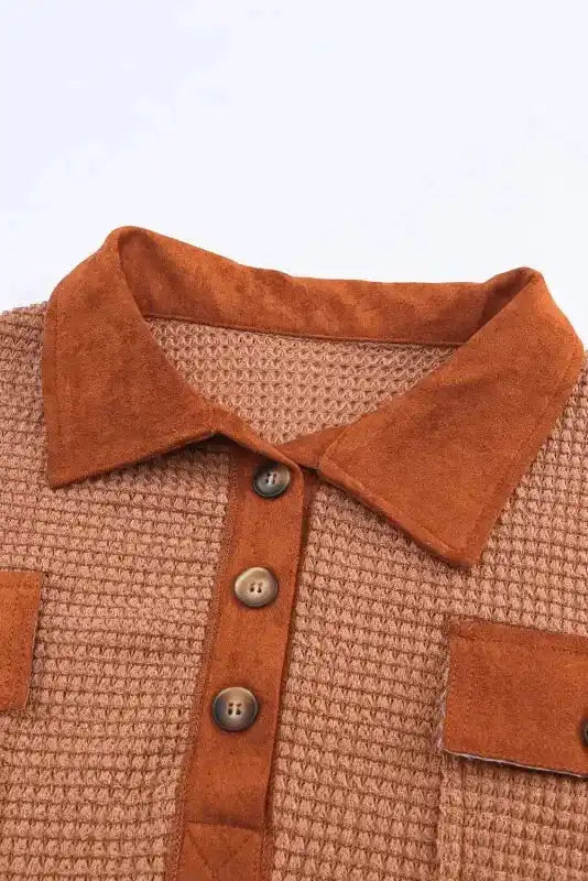 Brown Waffle Knit Button Contrast Trim Long Sleeve Top - Fashionfitz