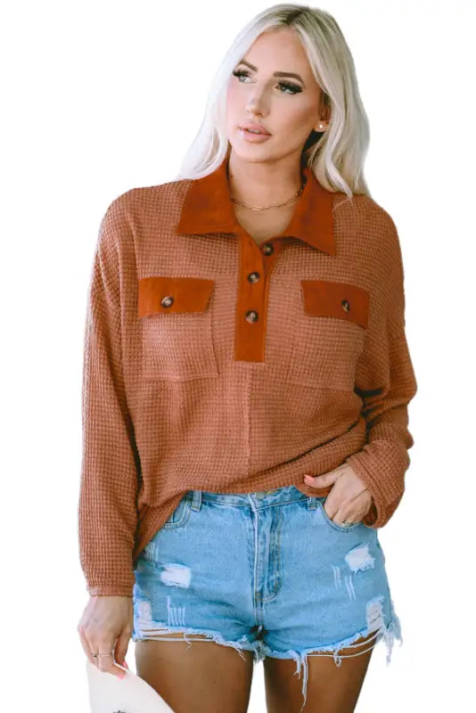 Brown waffle knit button contrast trim long sleeve top - tops