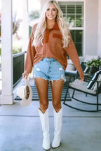 Brown Waffle Knit Button Contrast Trim Long Sleeve Top - Fashionfitz