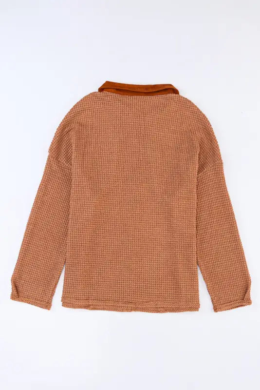 Brown waffle knit button contrast trim long sleeve top - tops