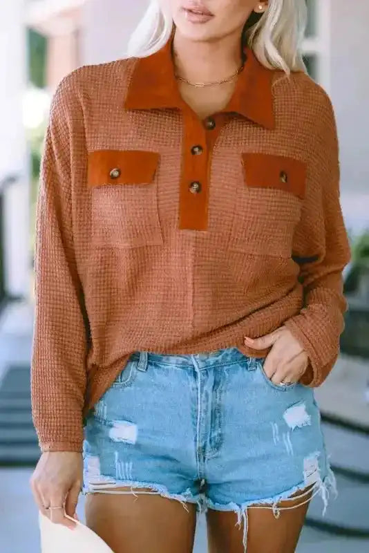 Brown Waffle Knit Button Contrast Trim Long Sleeve Top - Fashionfitz