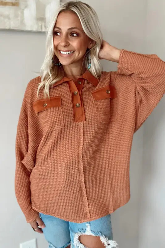 Brown waffle knit button contrast trim long sleeve top - tops