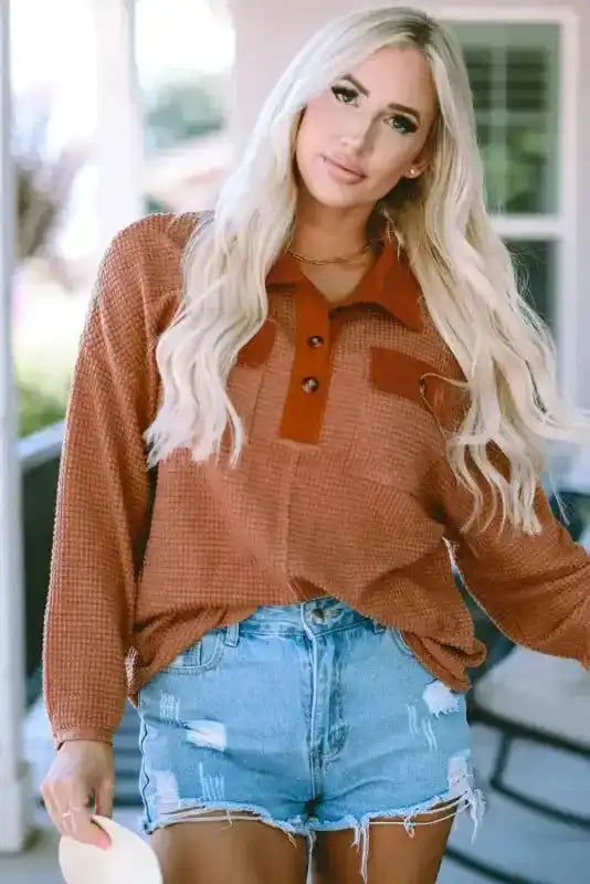 Brown Waffle Knit Button Contrast Trim Long Sleeve Top - Fashionfitz