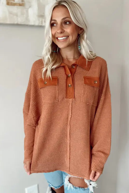 Brown waffle knit button contrast trim long sleeve top - tops