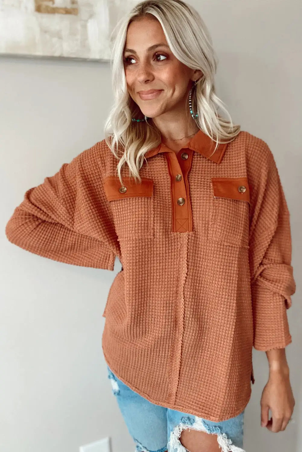 Brown waffle knit button contrast trim long sleeve top - tops