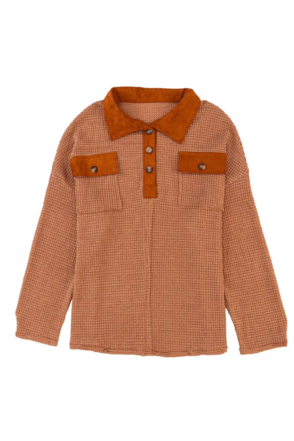 Brown waffle knit button contrast trim long sleeve top - tops