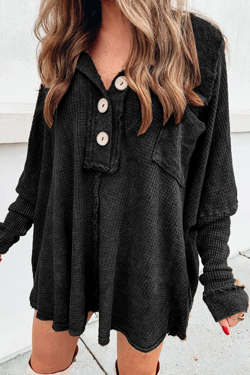 Brown waffle knit buttoned long sleeve top - black / s / 95% polyester + 5% elastane - tops