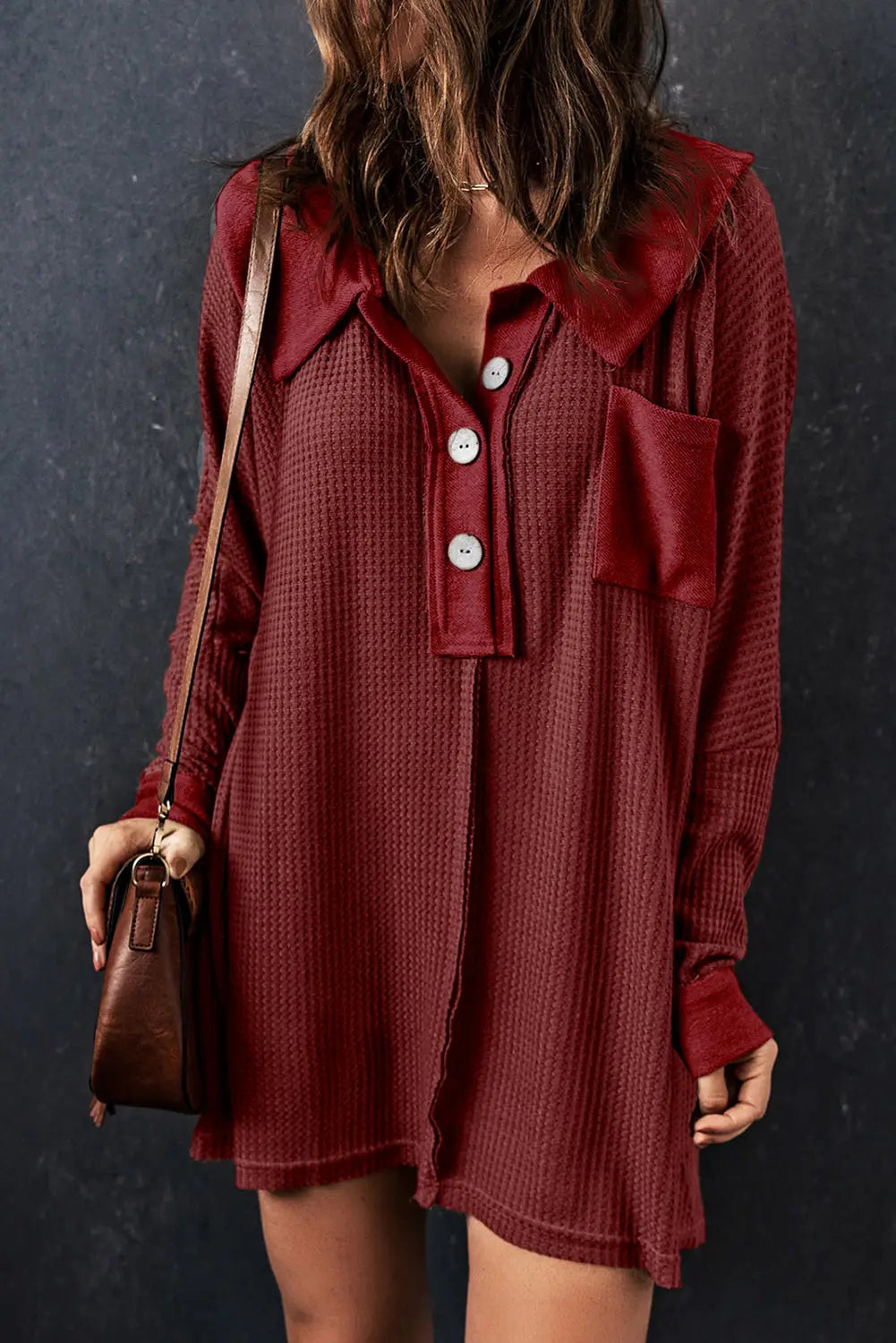 Brown waffle knit buttoned long sleeve top - red / 2xl / 95% polyester + 5% elastane - tops