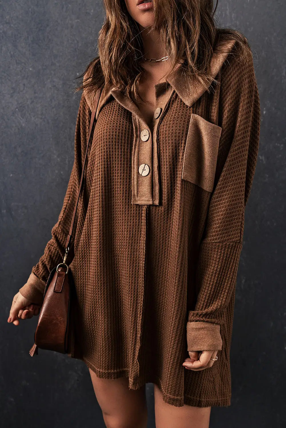 Brown waffle knit buttoned long sleeve top - s / 95% polyester + 5% elastane - tops