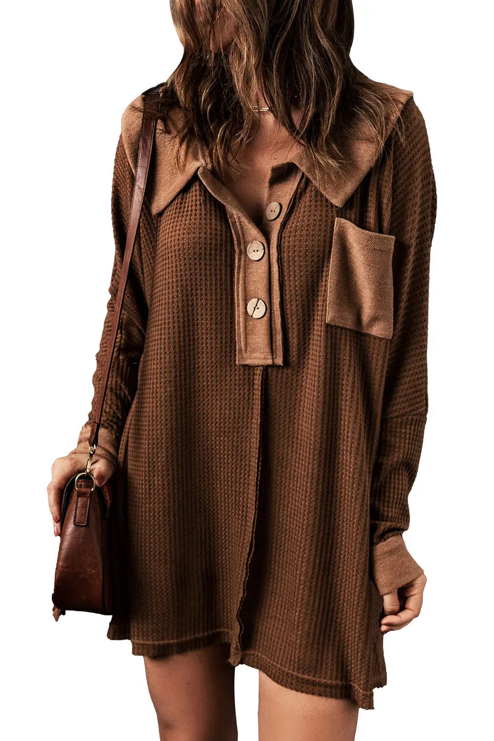 Brown waffle knit buttoned long sleeve top - tops