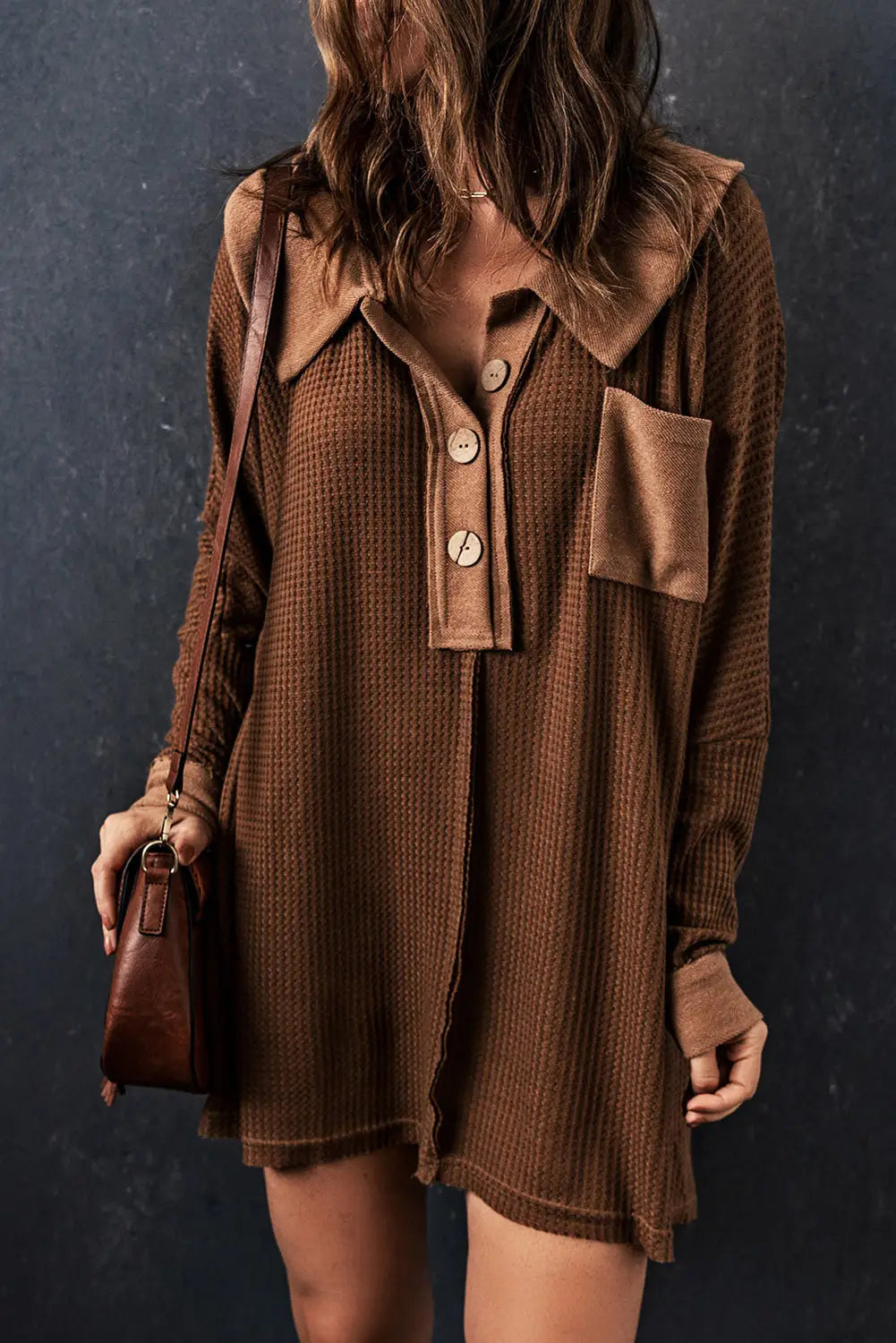 Brown waffle knit buttoned long sleeve top - tops