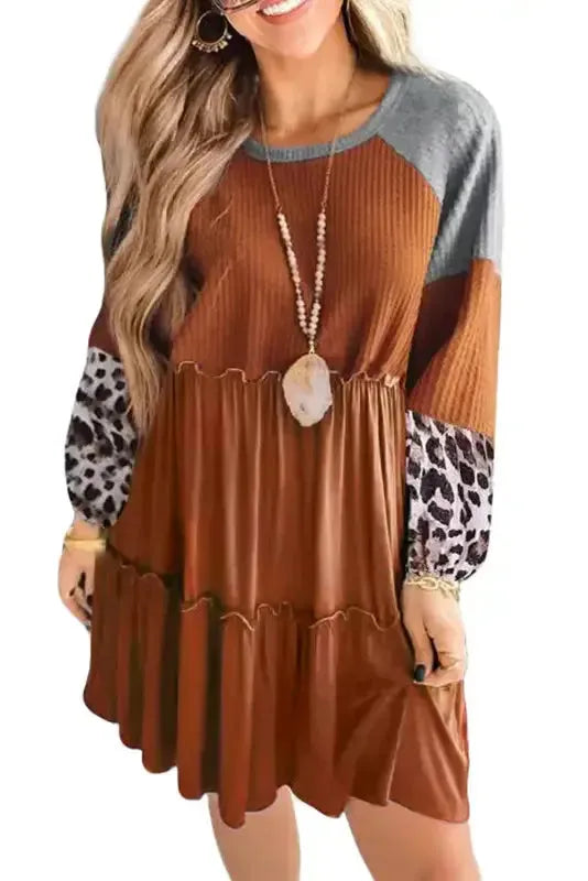 Brown Waffle Knit Leopard Patchwork Long Sleeve Dress - Fashionfitz