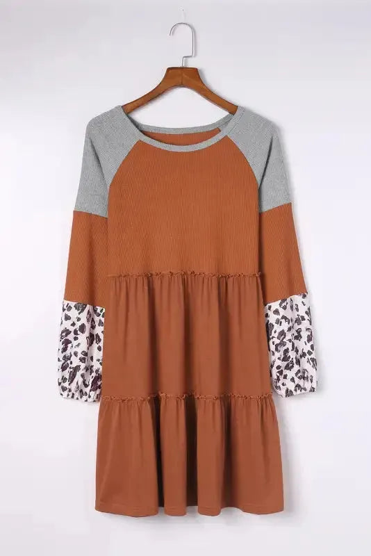 Brown Waffle Knit Leopard Patchwork Long Sleeve Dress - Fashionfitz