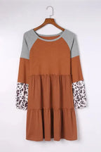 Brown Waffle Knit Leopard Patchwork Long Sleeve Dress - Fashionfitz