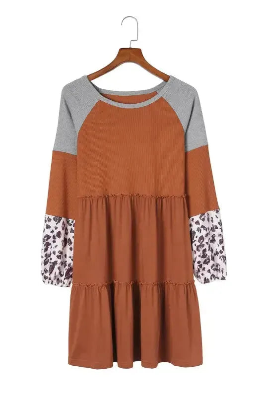 Brown Waffle Knit Leopard Patchwork Long Sleeve Dress - Fashionfitz