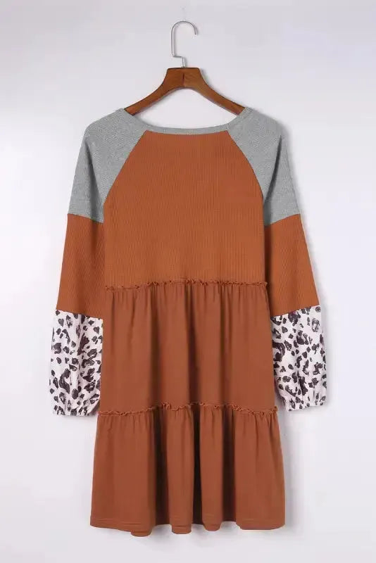 Brown Waffle Knit Leopard Patchwork Long Sleeve Dress - Fashionfitz