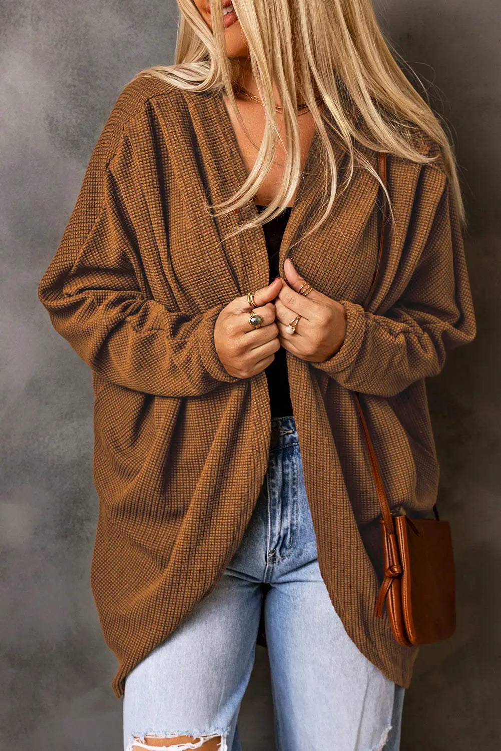 Brown waffle knit open front rounded hem cardigan - s / 95% polyester + 5% elastane - sweaters & cardigans