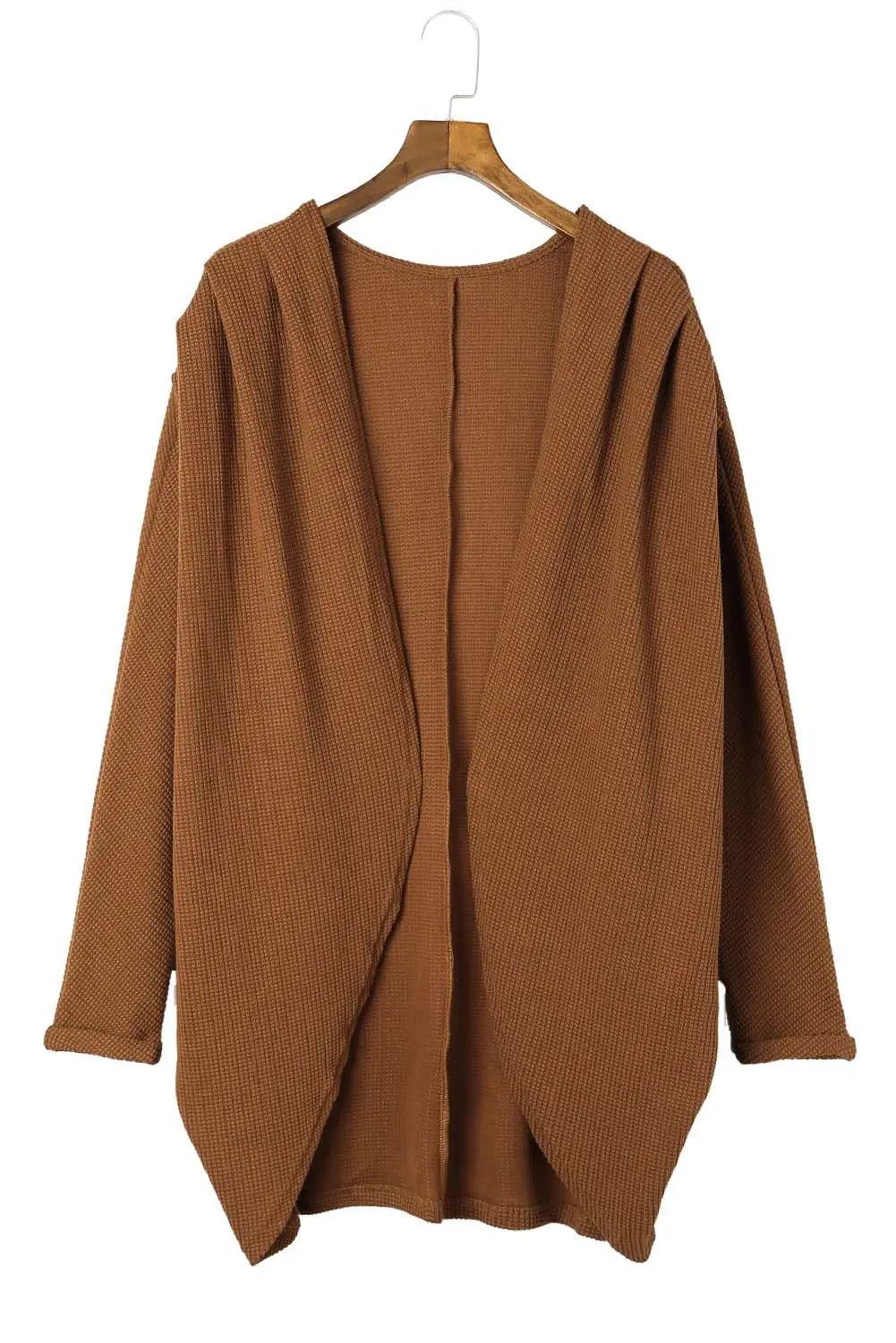 Brown waffle knit open front rounded hem cardigan - sweaters & cardigans