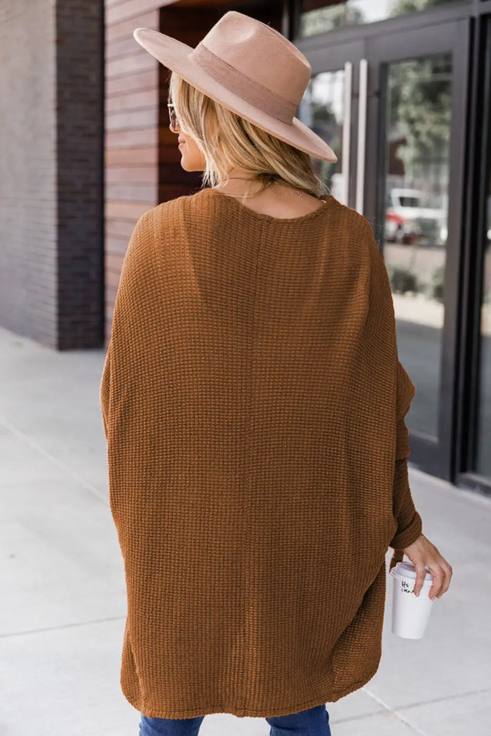 Brown waffle knit open front rounded hem cardigan - sweaters & cardigans