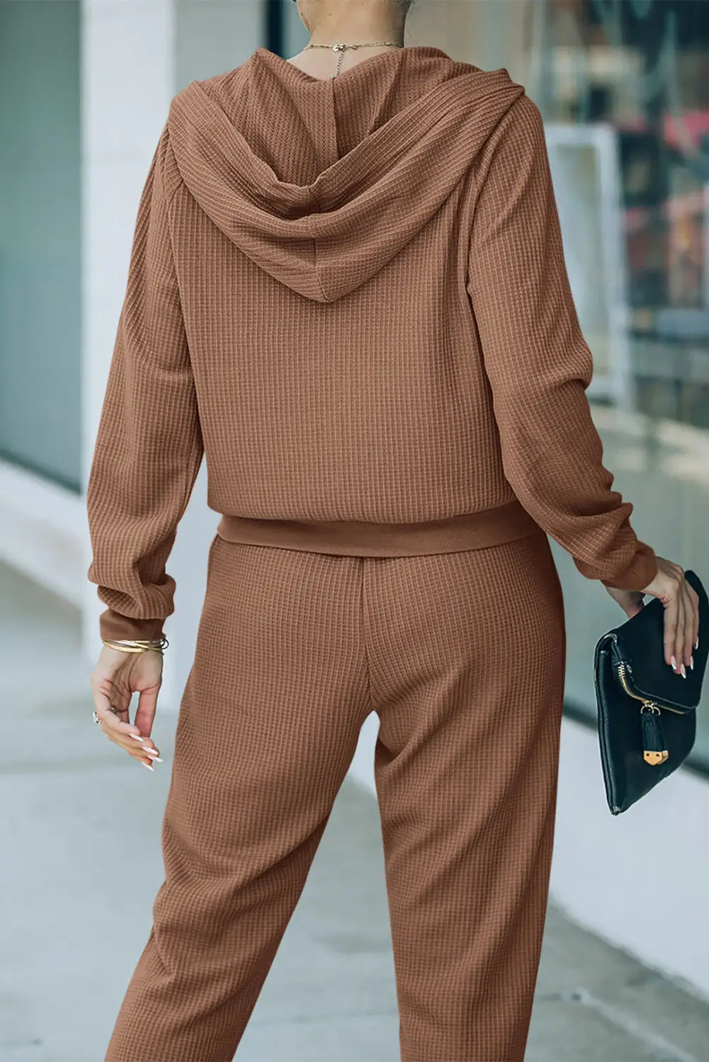 Brown waffle knit zip-up hoodie and pants athleisure outfit
