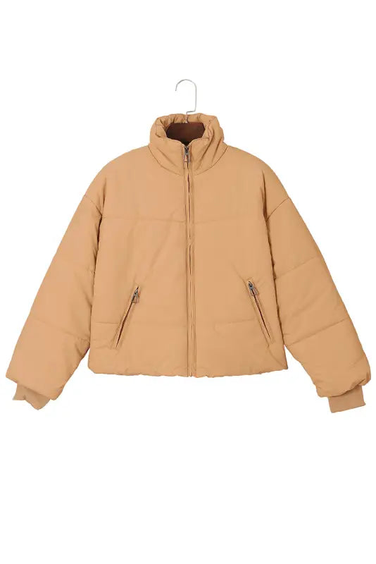 Brown zip up pocketed puffer coat - jackets