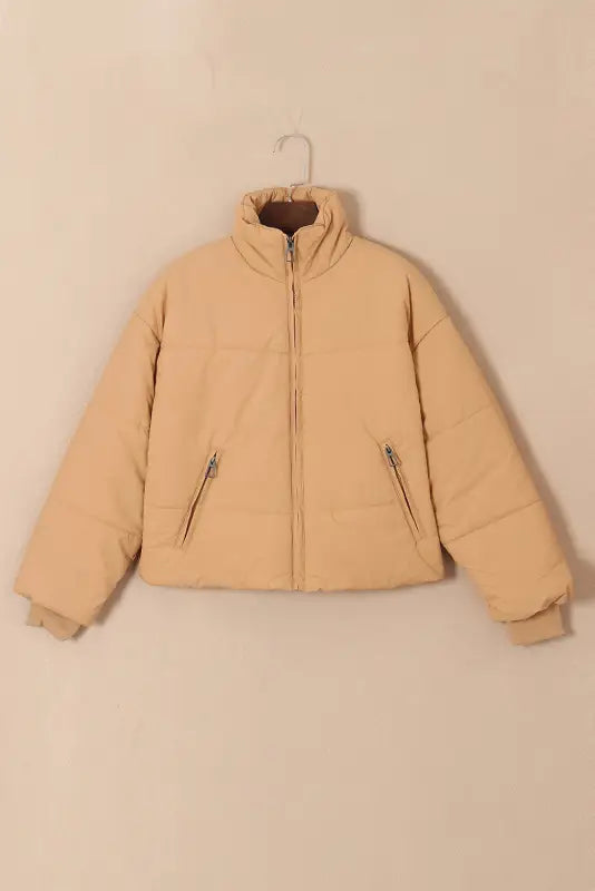 Brown zip up pocketed puffer coat - jackets