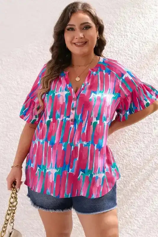 Brushstroke Blouse - Rose Plus Ruffle Sleeve Button V-Neck - Fashionfitz