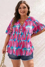 Brushstroke Blouse - Rose Plus Ruffle Sleeve Button V-Neck - Fashionfitz