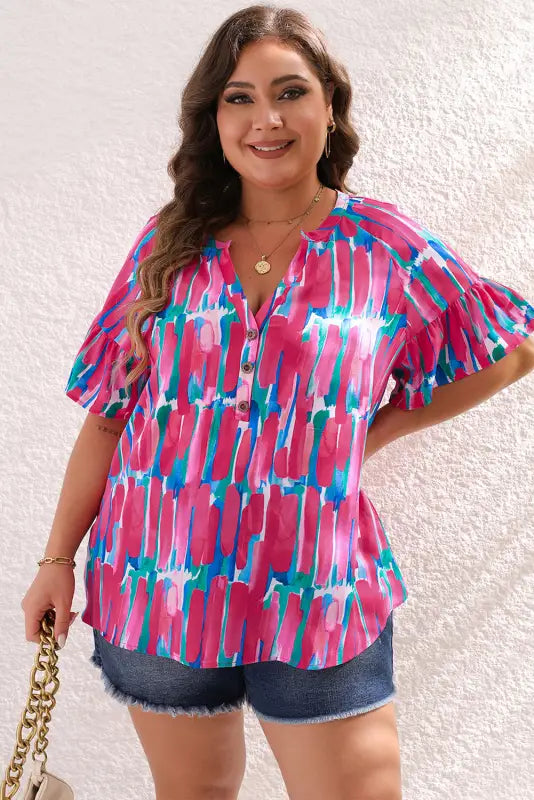 Brushstroke blouse - rose plus ruffle sleeve button v neck - 1x / 100% polyester - size/plus size tops/plus blouses &