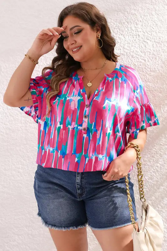 Brushstroke blouse - rose plus ruffle sleeve button v neck - size/plus size tops/plus blouses & shirts