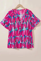 Brushstroke Blouse - Rose Plus Ruffle Sleeve Button V-Neck - Fashionfitz