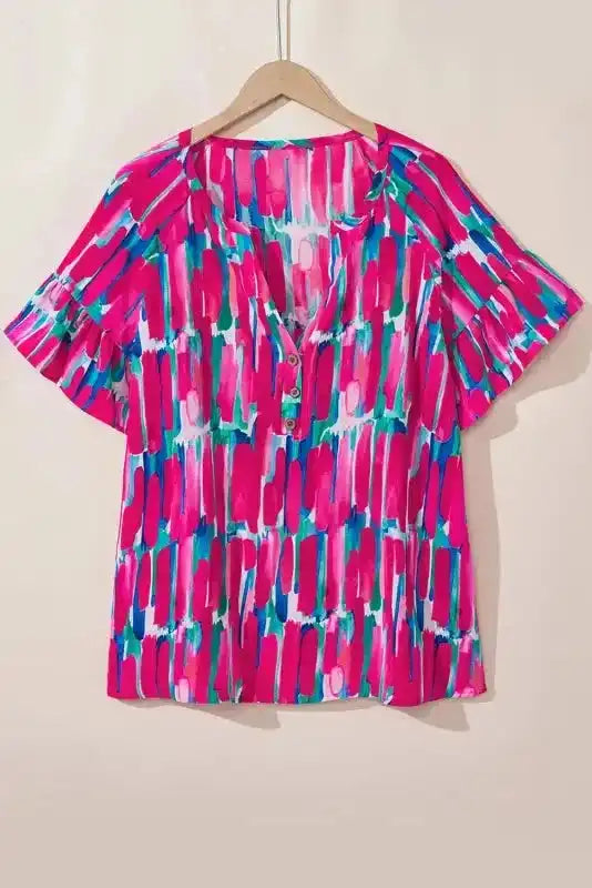 Brushstroke Blouse - Rose Plus Ruffle Sleeve Button V-Neck - Fashionfitz