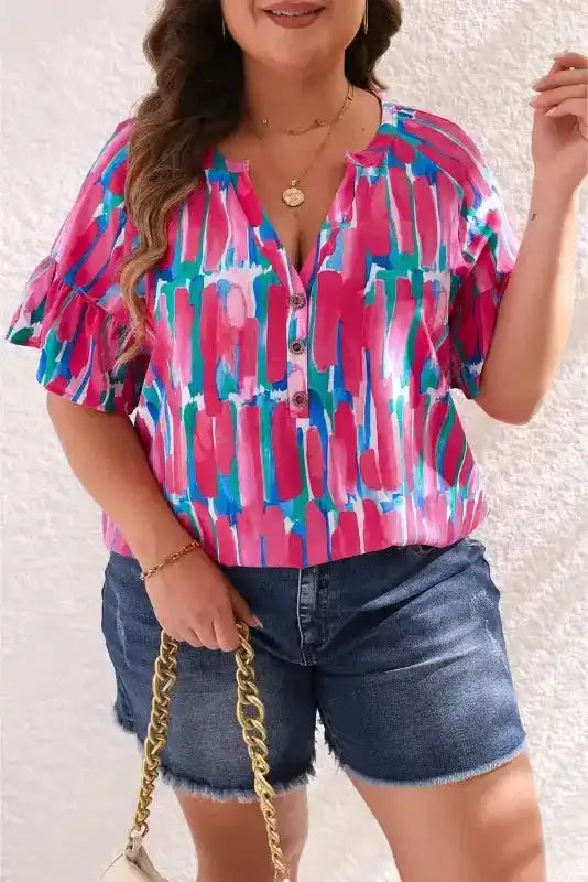 Brushstroke Blouse - Rose Plus Ruffle Sleeve Button V-Neck - Fashionfitz