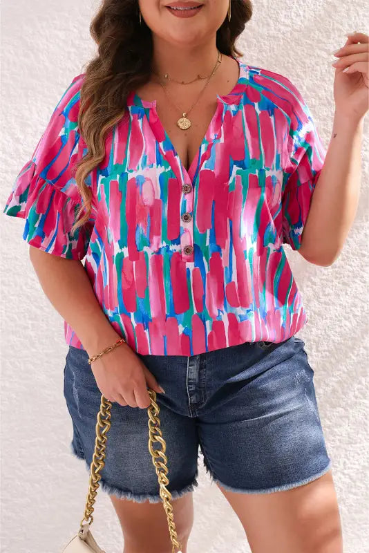 Brushstroke blouse - rose plus ruffle sleeve button v neck - size/plus size tops/plus blouses & shirts