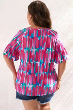 Brushstroke Blouse - Rose Plus Ruffle Sleeve Button V-Neck - Fashionfitz