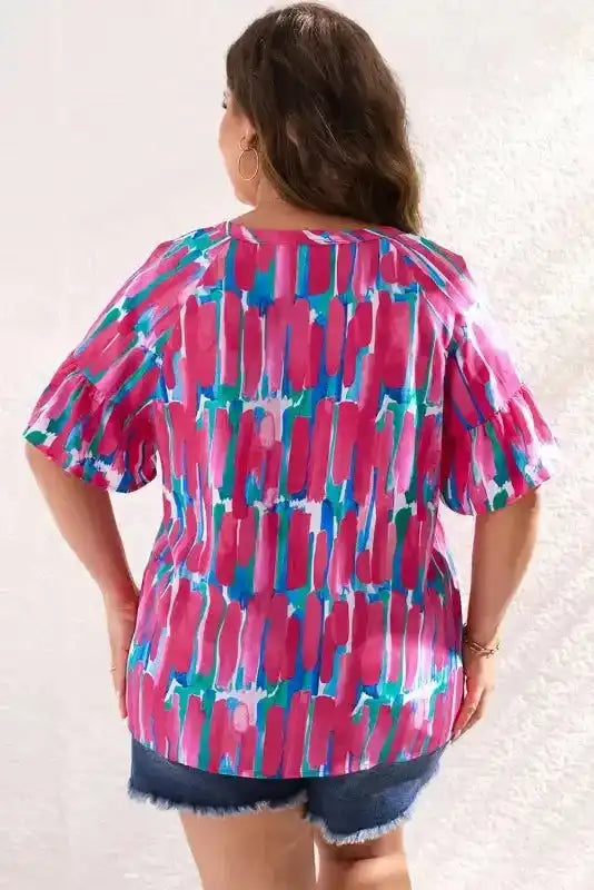 Brushstroke Blouse - Rose Plus Ruffle Sleeve Button V-Neck - Fashionfitz