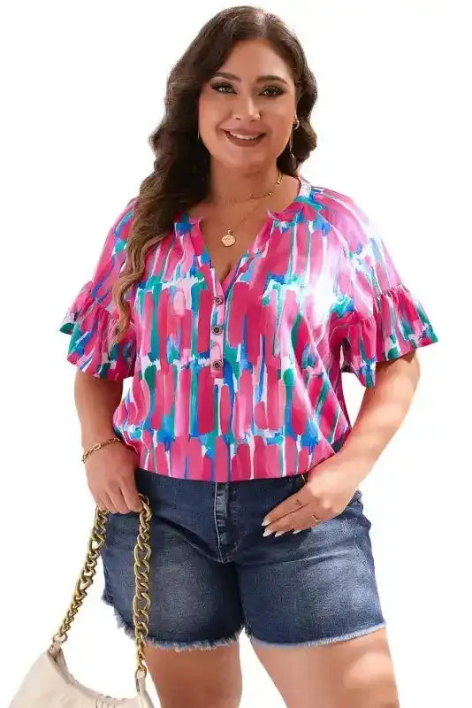 Brushstroke Blouse - Rose Plus Ruffle Sleeve Button V-Neck - Fashionfitz