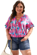 Brushstroke Blouse - Rose Plus Ruffle Sleeve Button V-Neck - Fashionfitz