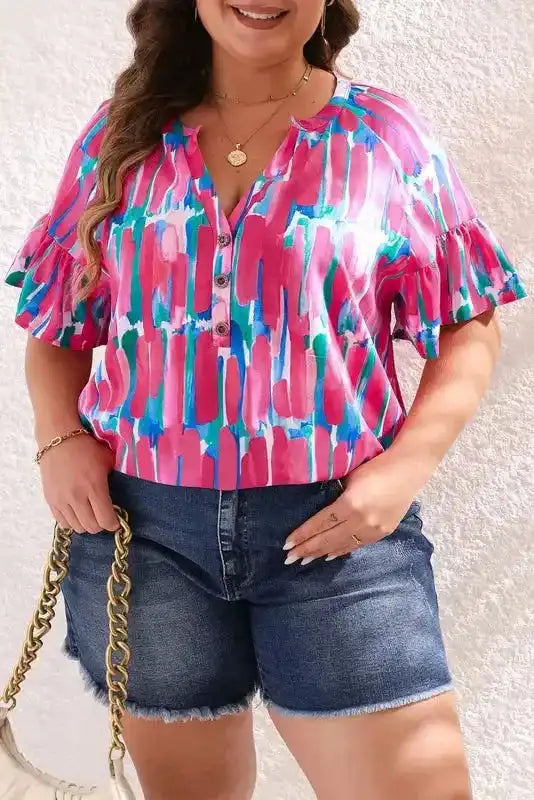 Brushstroke Blouse - Rose Plus Ruffle Sleeve Button V-Neck - Fashionfitz