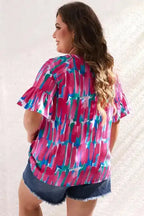 Brushstroke Blouse - Rose Plus Ruffle Sleeve Button V-Neck - Fashionfitz