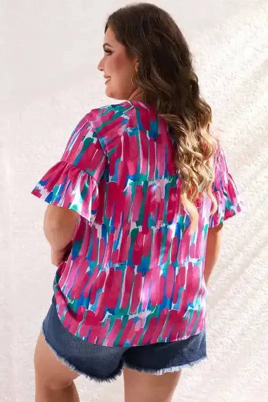 Brushstroke Blouse - Rose Plus Ruffle Sleeve Button V-Neck - Fashionfitz